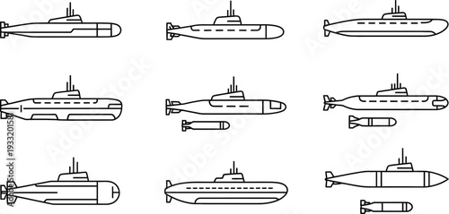 Set of diverse submarine outline icons featuring various naval vessel designs and torpedoes ideal for military technology illustrations or app interfaces