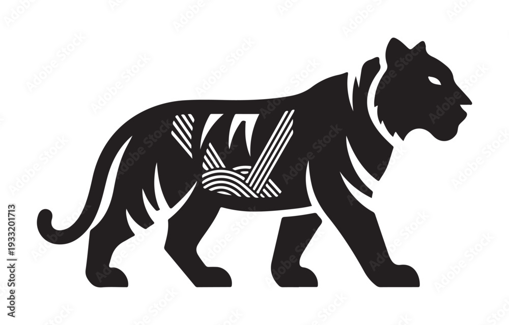 Obraz premium Stylized black tiger walking sideways with white decorative patterns