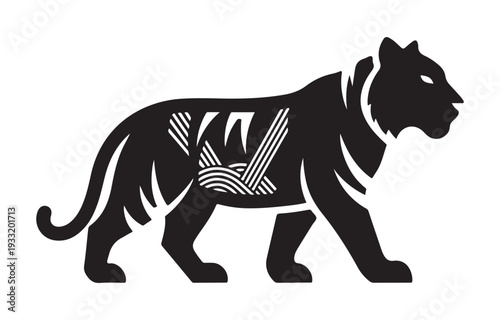 Stylized black tiger walking sideways with white decorative patterns