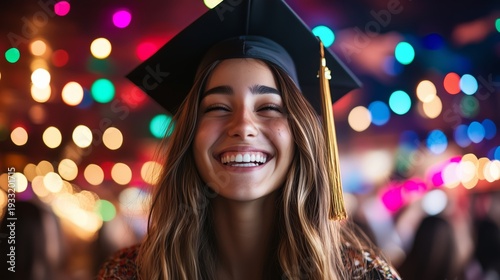 Graduate Smiles at Celebration With Colorful Lights in the Background During ...