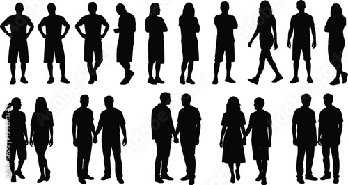 People silhouettes collection featuring men and women standing, walking and couples holding hands black vector illustration isolated on white background