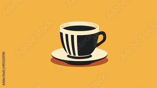 Minimalist graphic illustration of a black and white striped coffee cup with a saucer on a warm orange background.
