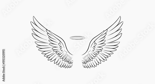 A minimalist vector graphic illustration of angel wings with a halo