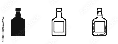 Whiskey bottle icon collection in glyph, outline, and hand-drawn sketch styles, perfect for liquor branding.