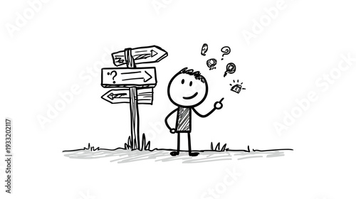Hand-drawn stick figure making a decision at a directional signpost, contemplating choices, future path, and generating new ideas.