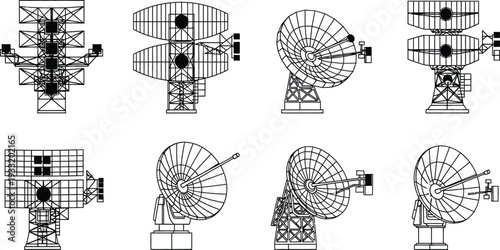 Diverse collection of radar and satellite dish antennas rendered in a detailed line art vector illustration style for technology communication and defense applications