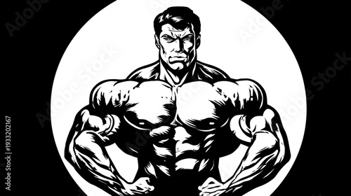 Strong Muscular Man Illustration in Black and White. Bodybuilder with Defined Muscles, Fitness and Power Concept in a Circle Frame.