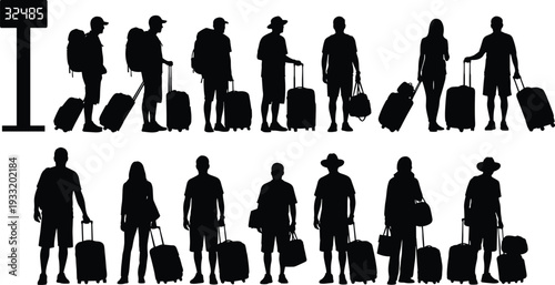 Travelers silhouettes collection with luggage at airport terminal, men and women with suitcases black vector illustration isolated on white background