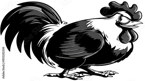 Angry cartoon rooster illustration in black and white, featuring a fierce farm animal with an aggressive expression, comic style fowl graphic.
