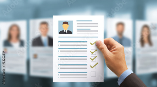 Human hand holding resume document profile selection hiring recruitment concept