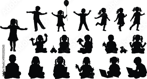 Children silhouettes collection playing, sitting and learning with toys and laptop, kids activity set isolated on white background, childhood and education concept