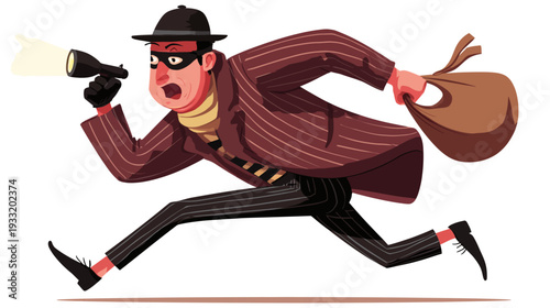 Cartoon Thief Running with Stolen Goods and Flashlight - Burglar Escaping After a Crime. Vector Illustration of Robbery and Theft.