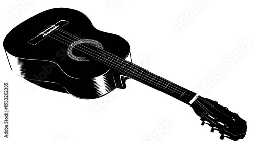 Detailed black and white illustration of an acoustic guitar, perfect for music, art, and hobby-related projects