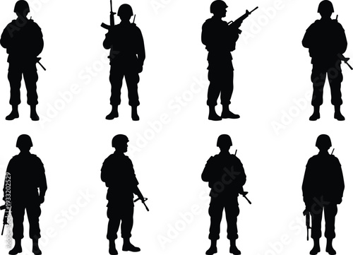 Eight distinct soldier silhouettes, each holding a rifle, showcasing military personnel in various ready positions.