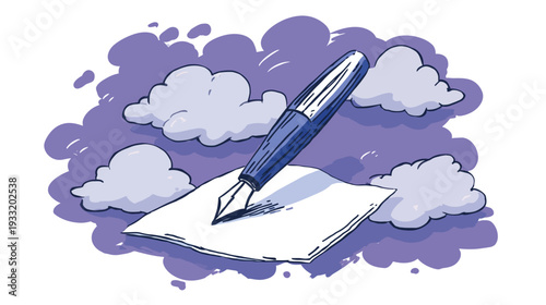 Hand-drawn fountain pen writing on paper amidst dreamy clouds, symbolizing creativity, inspiration, thought, and artistic expression.
