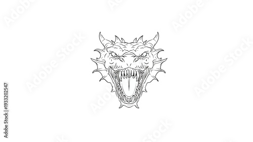 Fierce Dragon Head Line Art Illustration - Mythical Beast Drawing with Open Mouth, Sharp Teeth, and Horns