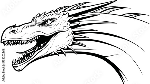 Fierce Dragon Head Profile Illustration with Open Mouth and Sharp Teeth, Mythical Creature Line Art Drawing