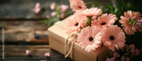 Flowers in a Box Placed on a Wooden Table With Pink Petals Around the Arrange...