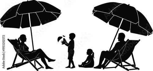 Family Beach Silhouette Scene with Parents Relaxing on Deck Chairs Under Umbrella and Children Playing Vector Illustration Isolated on White Background