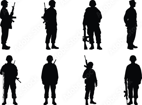 Set of soldier silhouettes in various positions, depicting armed forces and their readiness for duty.