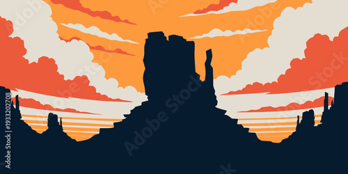 USA, US, U.S, United States - Mesa and buttes silhouette at golden hour, ultra-wide flat vector, cinematic style