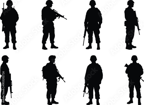 Assortment of soldier silhouettes with rifles, highlighting military personnel and their preparedness for combat.