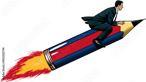 Businessman riding a flying pencil rocket, symbolizing rapid business growth, creative acceleration, and quick success concept.