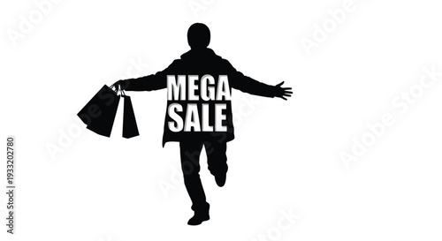 Silhouette of a person running with shopping bags advertising a mega sale