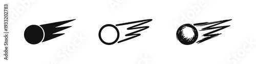 Flying Comet Icons Set. Moving Celestial Object Symbol with Trails in Solid, Outline, and Hand-Drawn Sketch Styles on White Background.