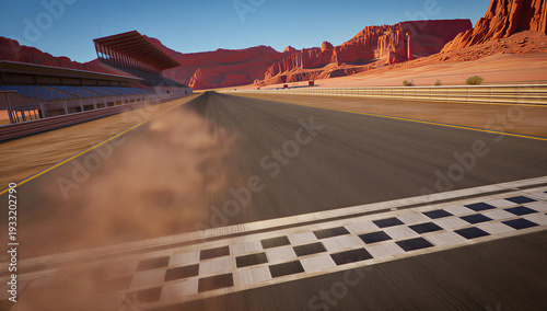 Desert race track with checkered finish line, empty asphalt racing circuit in red rock canyon, professional motor sports arena at sunset