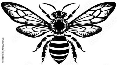 Elegant Black and White Stylized Bee Illustration with Intricate Mechanical Detail, Vintage-Inspired Insect Graphic