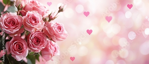 Pink Roses Arranged Against a Soft Pink Background With Heart Shapes and Lights