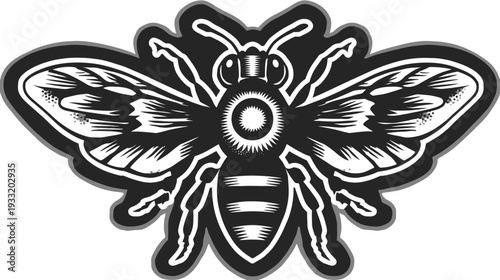 Stylized bee insect illustration in black and white, featuring intricate details. Elegant graphic design element, emblem, or logo concept.