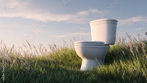 Toilet in the Field: An unexpected image of a pristine toilet standing gracefully amid a field of tall green grass and against a backdrop of a serene blue sky with gentle clouds.