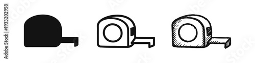 Measuring Tape Icons Set. Construction and Craft Tool Symbol in Solid, Outline, and Hand-Drawn Sketch Styles on White Background.