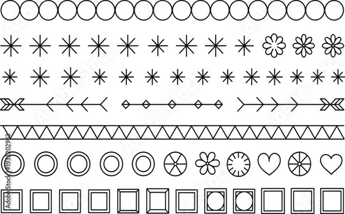 Ten rows of various geometric shapes and patterns in black and white circles stars de