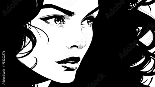 Striking black and white graphic portrait of a mysterious woman with flowing dark hair and an intense, thoughtful gaze.