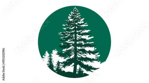 Vector illustration of a majestic evergreen forest with conifer trees inside a vibrant green circular frame. Nature graphic.