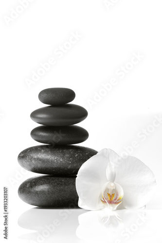 3D rendering of balanced Zen stones with a white orchid flower , concept for spa, aromatherapy, and wellness.