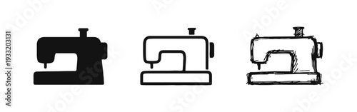 Sewing Machine Icons Set. Craft and Textile Production Symbol in Solid, Outline, and Hand-Drawn Sketch Styles on White Background.