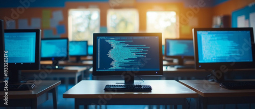 A modern computer classroom with monitors displaying code illustrates educational technologies, which will serve as a suitable backdrop for materials on programming or IT courses.