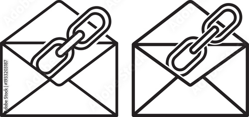 Two envelopes with chain link symbol for email attachment silhouette