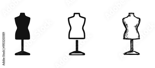 Dressmaker's Mannequin Icons Set. Fashion and Tailoring Symbol in Solid, Outline, and Hand-Drawn Sketch Styles on White Background.