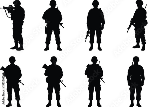 Eight distinct silhouette vector graphics of soldiers in uniform, holding firearms and displaying various military postures.