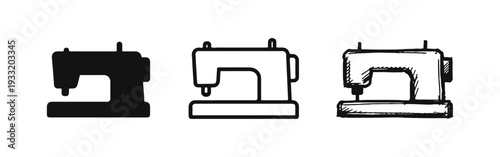 Sewing Machine Icons Set - Solid, Outline, and Hand-Drawn Sketch Styles for Tailoring and Crafts