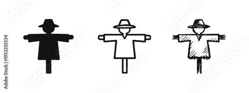 Scarecrow Icons Set - Solid, Outline, and Hand-Drawn Sketch Styles for Farm and Garden Protection