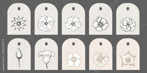 Set of 10 minimalist gift tags with hand-drawn floral line art. Aesthetic botanical labels for wedding favors, branding, and DIY packaging projects on a dark grey background.