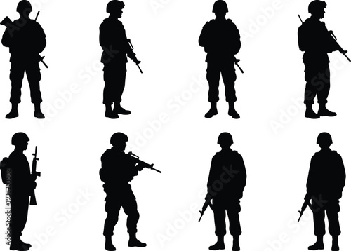 Eight diverse black silhouette vector graphics of soldiers in uniform, holding firearms, showcasing different stances and readiness.