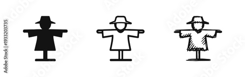 Traditional Scarecrow Icons Set - Solid, Outline, and Hand-Drawn Sketch Styles for Rural Themes