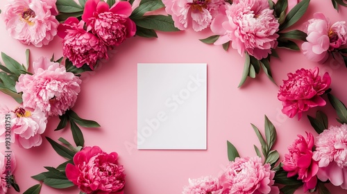 Floral Arrangement With Pink Peonies and Blank Card on Pink Background for No...